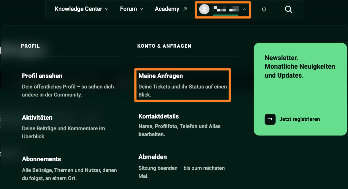 User account section displaying ticket status and newsletter registration options.